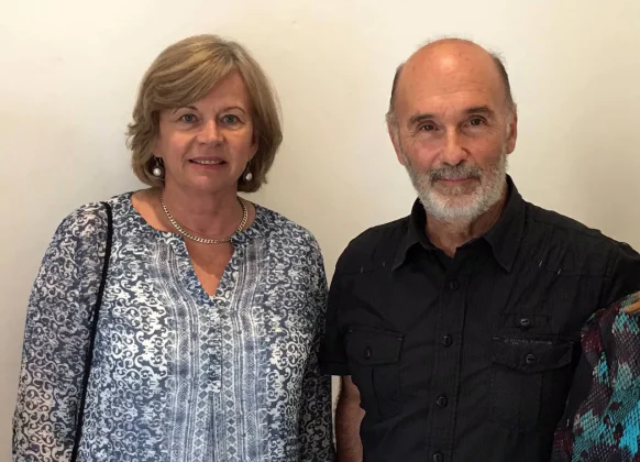 The author Linda Peek with Marco Cremona (well-known artist Emvin Cremona's son) at Gallery Cremona, Rabat, Malta, 2017.