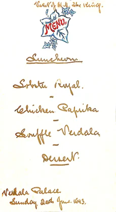 Lunch menu at Verdala Palace for King George VI's visit.