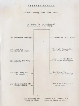 Seating plan for lunch at Verdala Palace for the King's visit.