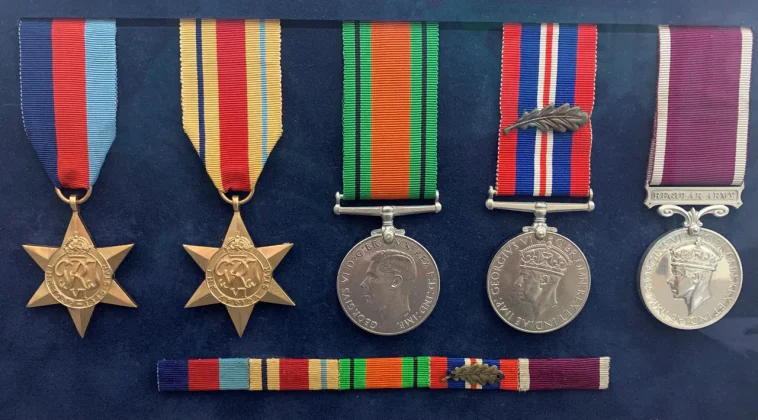 Medals awarded to Major H. W. Staples RE (113841) from L to R: 1939-1945 Star; Africa Star, defence Medal (UK); War Medal and MiD (oakleaf); Long Service and Good Conduct.