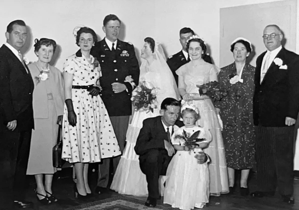 Daphne's wedding, Fallingbostel 1955. Back row from left to right: Pat, Auntie Molly, Margaret, Frank Winner, Daphne, Joan, Hilda Mary and Sam. Front row: Ed and Linda. Sam was 55 but looks older. The war had taken its toll.